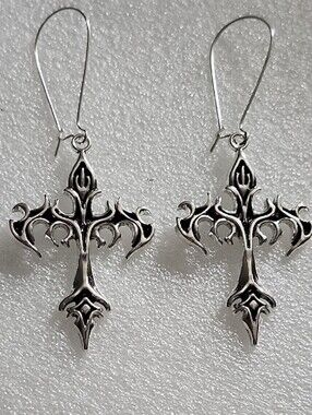 Hand Crafted Silver Gothic Cross Drop Earrings - Silver